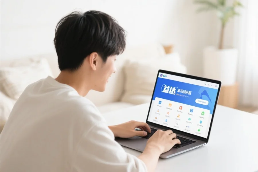 一位年轻用户在明亮舒适的室内环境中愉快地使用笔记本电脑,屏幕上展示联赢客户端新版界面